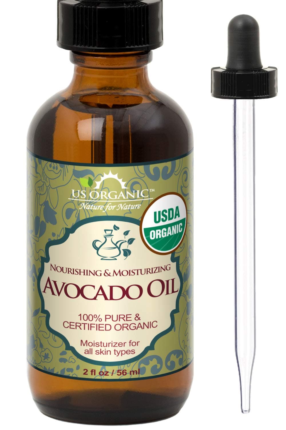 Avocado Oil Unrefined Virgin, USDA Certified Organic, 100% Pure & Natural, Cold Pressed, in Amber Glass Bottle w/Glass Eye dropper for Easy Application (2 oz (Small))