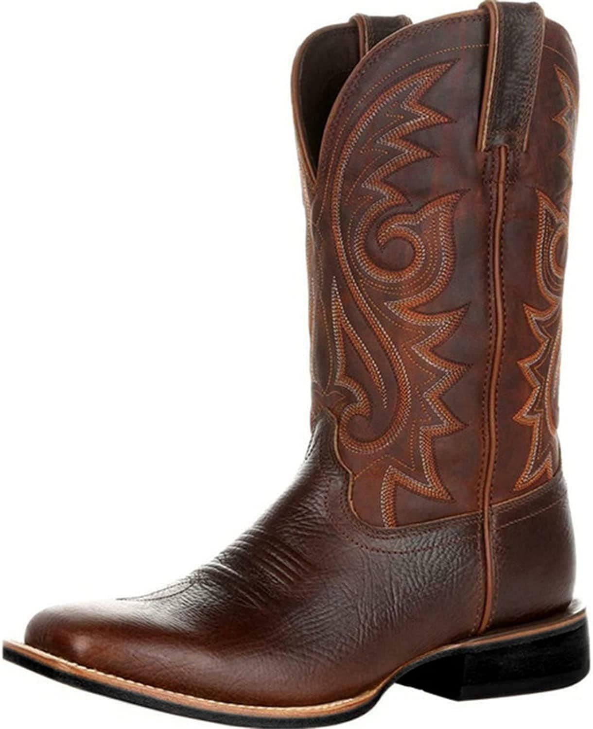 Western Cowboy Boots for Men,Western Square Toe Cowboy Boots Retro Leather Embroidery Casual Chunky Heel Wide Calf Pull On Boots