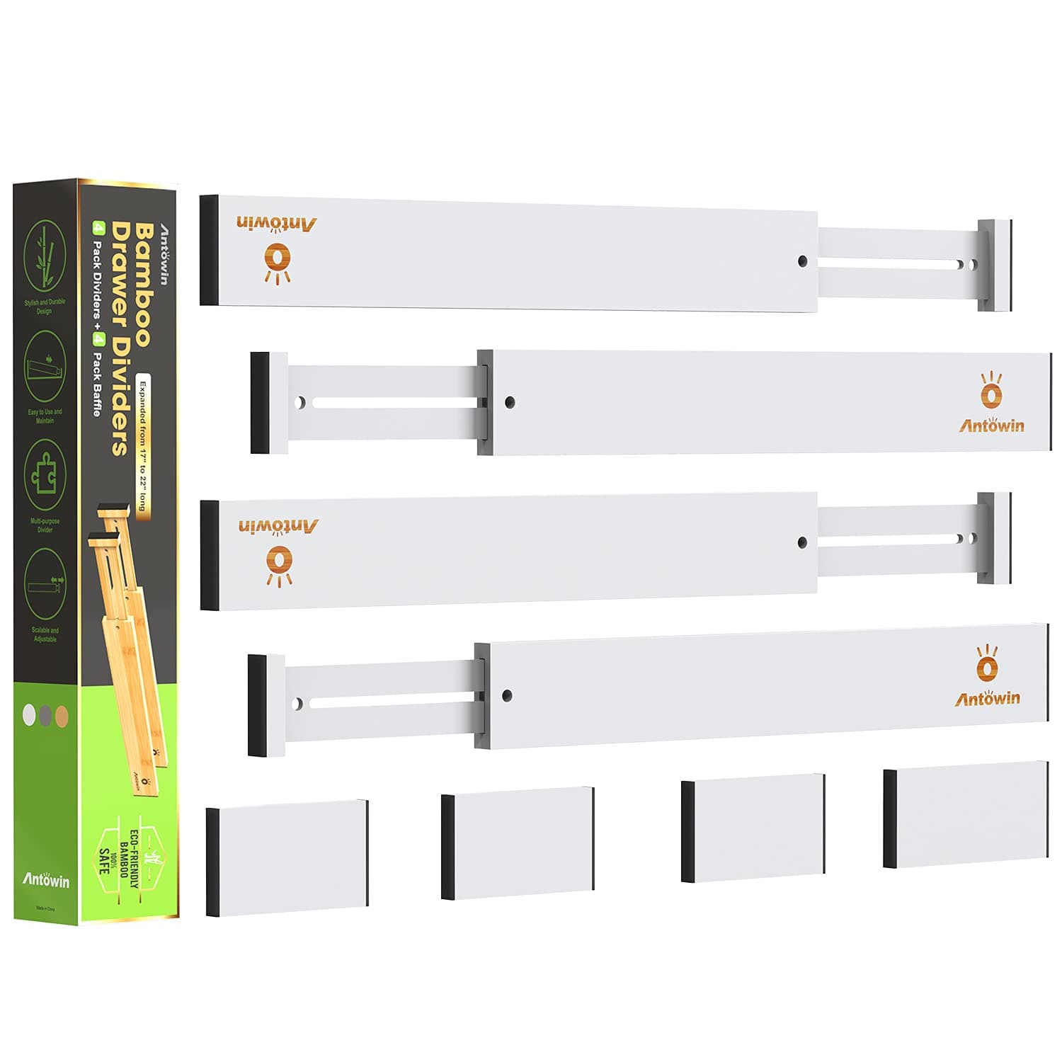 Bamboo Drawer Dividers Organizers, Expandable Drawer Separators Splitter,17-22 inches Long Adjustable Spring-loaded Organizer for Large Utensil, Clothes, Tools Drawers (White)