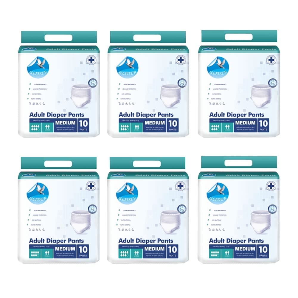 Glider Unisex Adult Diaper Pants | Medium Size | Maximum Overnight Absorbency | Leak-Proof & Comfortable Fit | 15-44 Inch (40-115 cm) | (Pack of 6 – 60 Count)