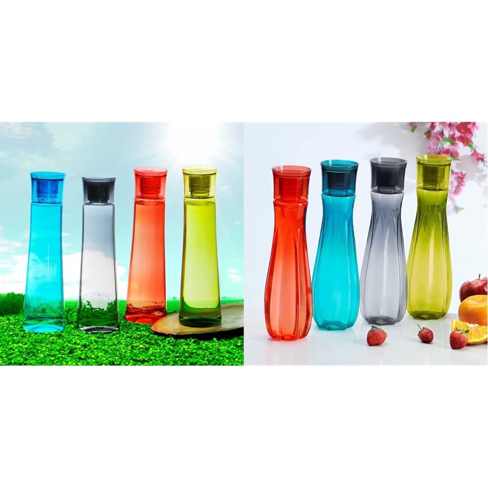 Steelo Selina Plastic Water Bottle, 1 Litre, Set of 4, Multicolour & Flore Plastic Water Bottle, 1 Litre, Set of 4, Multicolour Combo