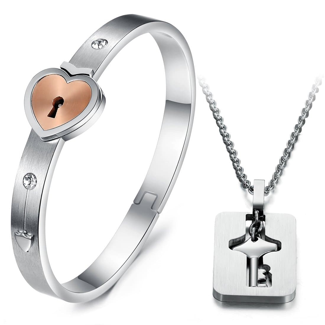 His and Hers Matching Set "Hold the Key to My Heart Forever" Bangle Bracelet and Key Pendant Necklace-BR398