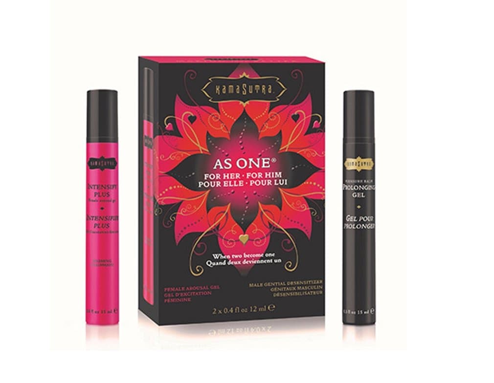 Kama Sutra As One Intensify Plus Warming Gel & Pleasure Balm Prolonging Gel INTENSIFY HER PLEASURE. PROLONG HIS PASSION. : Each Size 0.4 fl.oz / 12 ml.