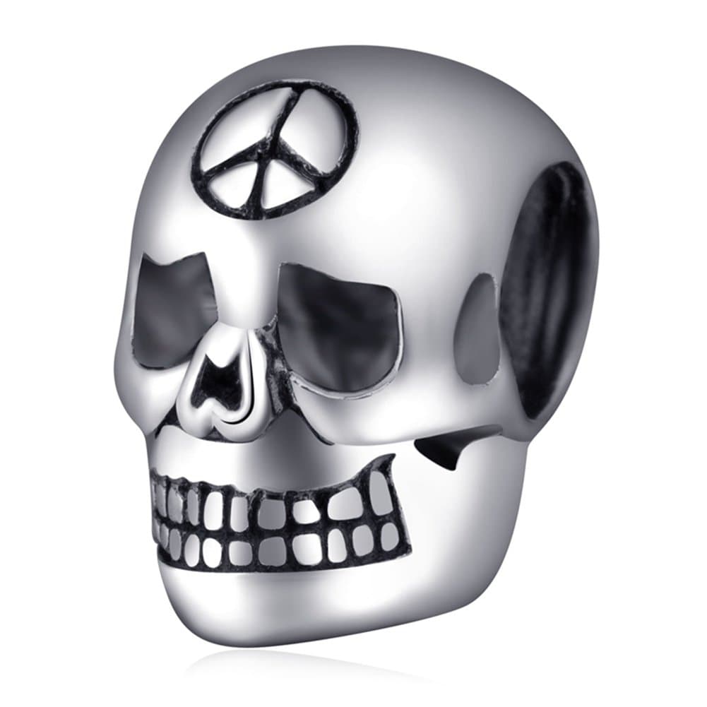 Soulbead Haloween Gift 925 Sterling Silver Terrible Skull Charm with Peace Sign Bead for Bracelet Compatible