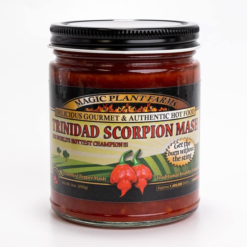 Trinidad Scorpion Pepper Butch T Mash by Magic Plant - Lava Hot Scorpion Chili, 1.2M - 2M SHUs - Fruity Tangy Flavor, Make Hot Sauce, Hot Honey, Spicy Mayo (9 Oz)