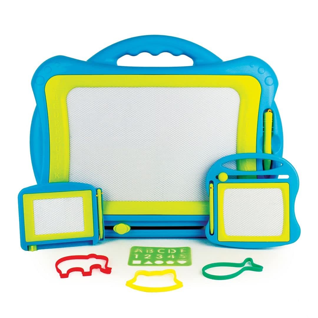 Boley Magnetic Doodle Boards - 3 Pack Blue & Green Erasable Drawing Set for Kids - Portable Toddler Writing Tablet & Sketch Pad for Ages 3+ - Includes 1 Large and 2 Compact Boards with 4 Stencils