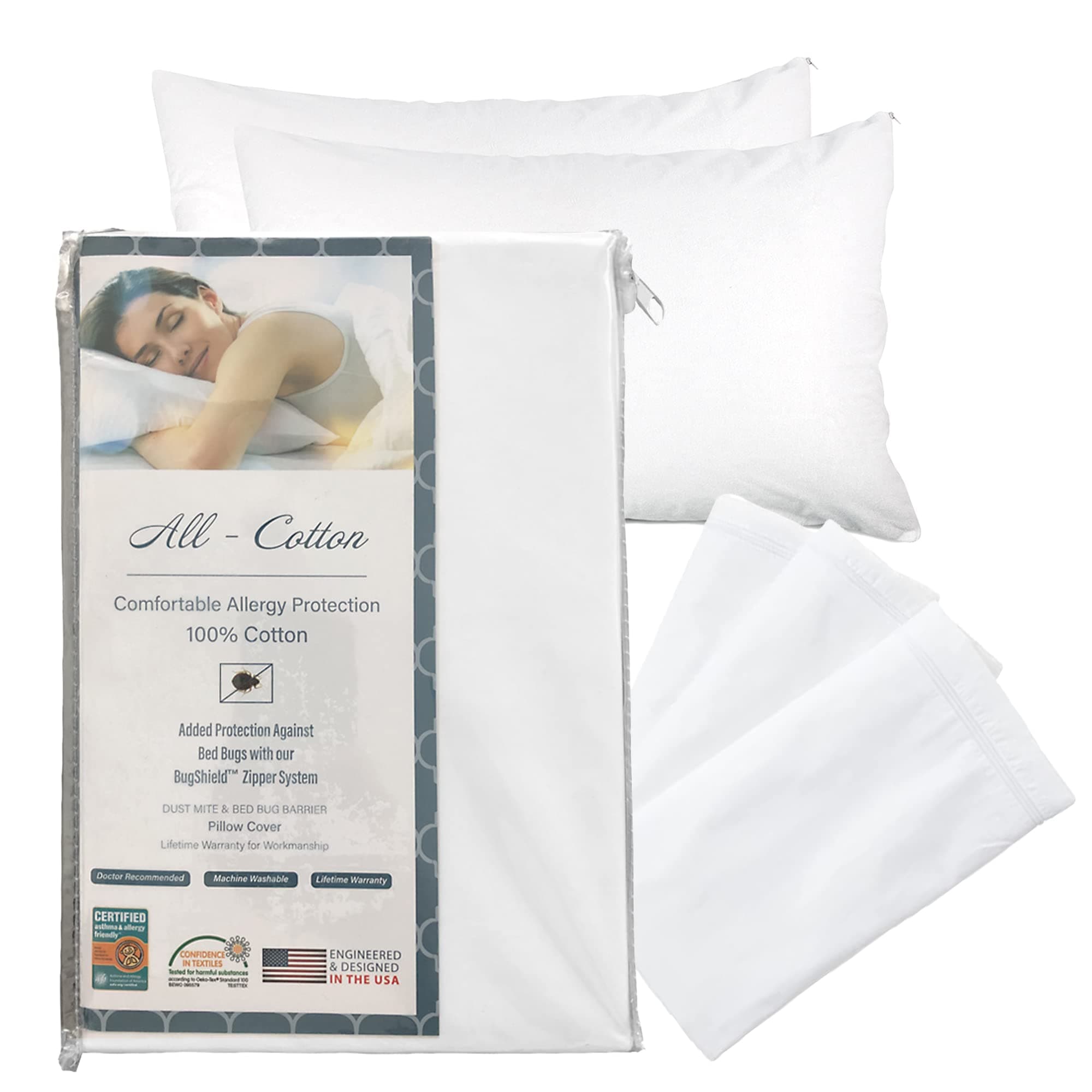National Allergy Premium 100% Cotton Zippered Pillow Protector - Queen Size - White - 4 Pack - 300 Thread Count - Hypoallergenic Bed Pillowcase with Zipper - Breathable Encasement Cover