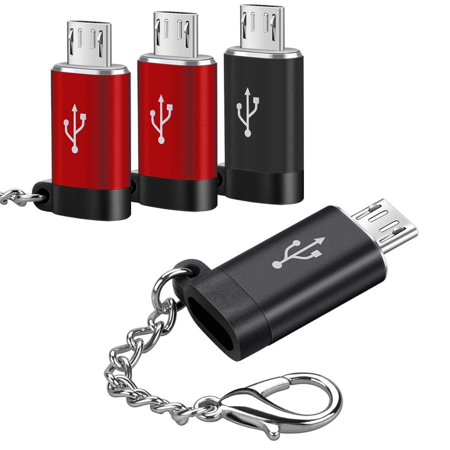 USB C Female to Micro USB Male Adapter (4 Pack),Convert Type C to Micro USB,Keychain Charger Connector Converter,Works with Smartphones,Tablets,and More Devices with Micro USB Ports,Red&Black