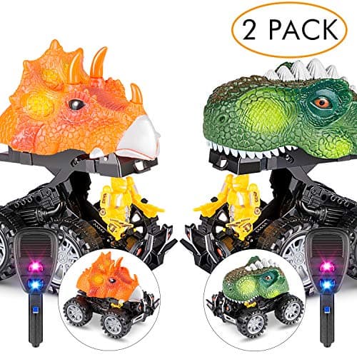 Magicfun Dinosaur Toy Car, 2 Pack Dinosaur Cars with War Warriors Inside,Pull Back Dinosaur Cars Keys Launch Light and Fight Song for 3-10 Years Old Boys Girls