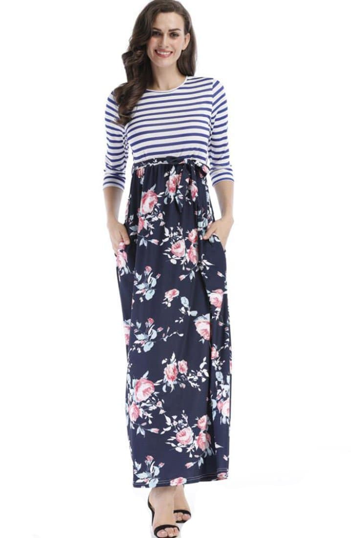 Women's 3/4 Sleeve Striped Floral Casual Max Dress Blue XL