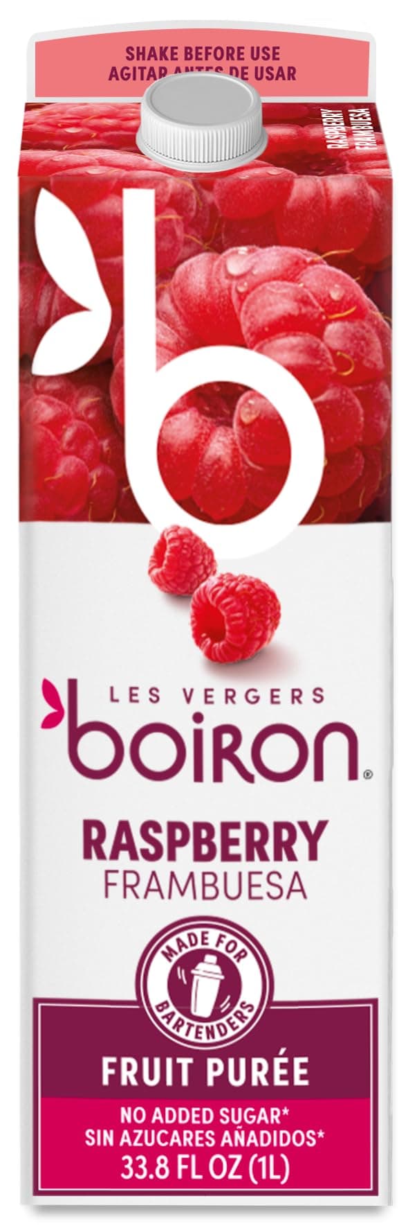 Les Vergers Boiron Raspberry Fruit Puree Drink Mix, All Natural, No Added Sugar, Non-GMO, No Preservatives, No Added Flavors, Vegan, For Beverages & Cocktails, 1 Liter (33.8 Fl Oz)