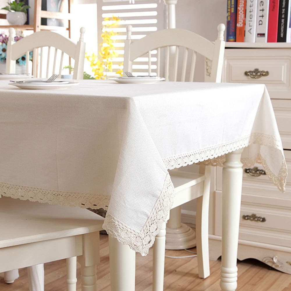 Tablecloth Cotton and Linen Thickening Modern Minimalist Color White Plain Lace Tablecloth Coffee Table Table Cloth Tablecloth Home Decoration Fashion Tablecloth with Lace 120X120Cm