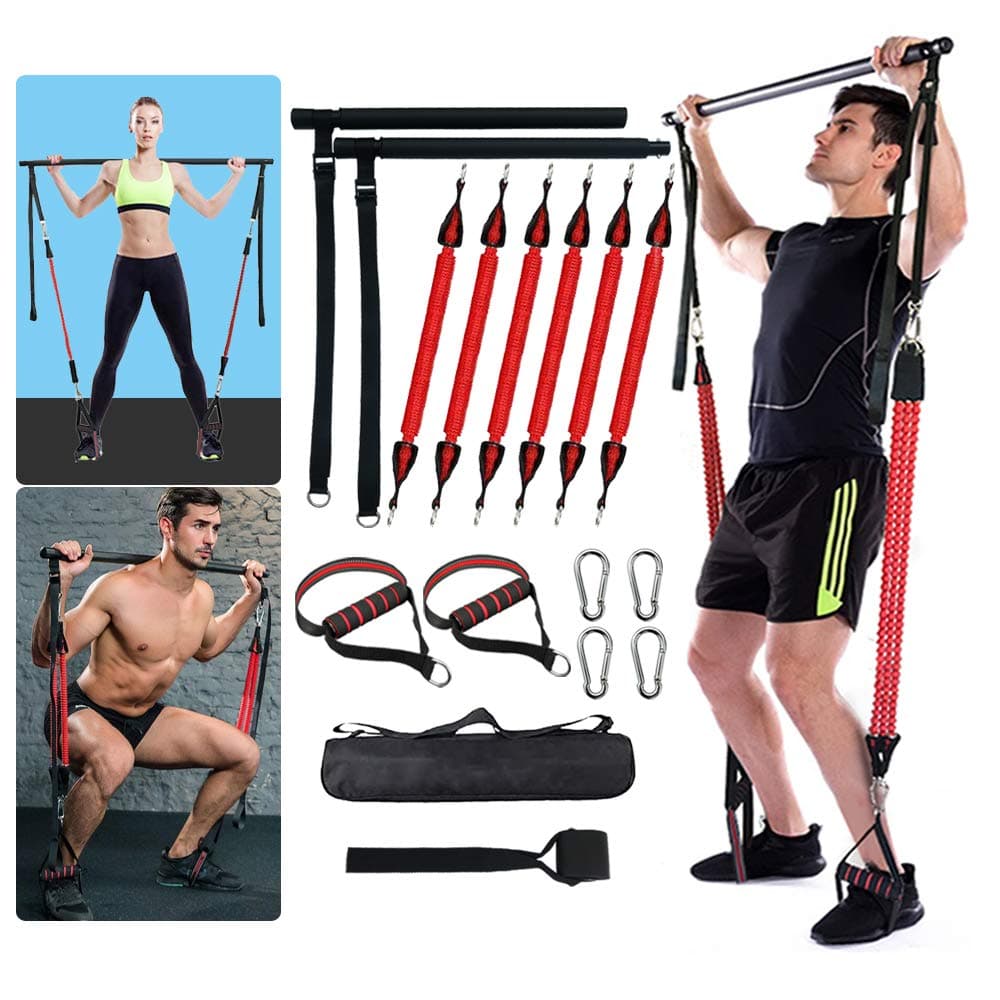 Portable Exercise Bar Kit, Upgraded Version of Detachable Pilates Bar, 60-180LBS Anti-breakage Adjustable Resistance Band, Barbell Resistance Training Device, Full Body Strength Training Equipment