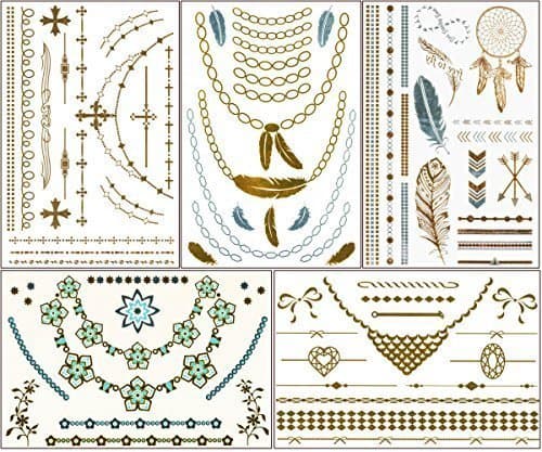 ChicTats Metallic Gold & Silver Temporary Tattoos Stickers, 5-Sheet Pack, Bling Body Art & Jewelry for Women & Girls, Waterproof Fashionable Body Makeup (504)
