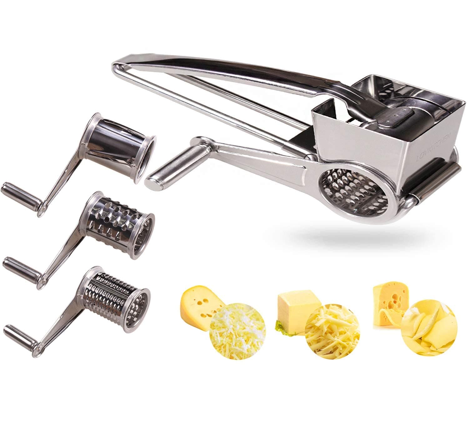 Rotary Cheese Grater - LOVKITCHEN Cheese Cutter Slicer Shredder with 3 Interchanging Rotary Ultra Sharp Cylinders Stainless Steel Drums & Slicer