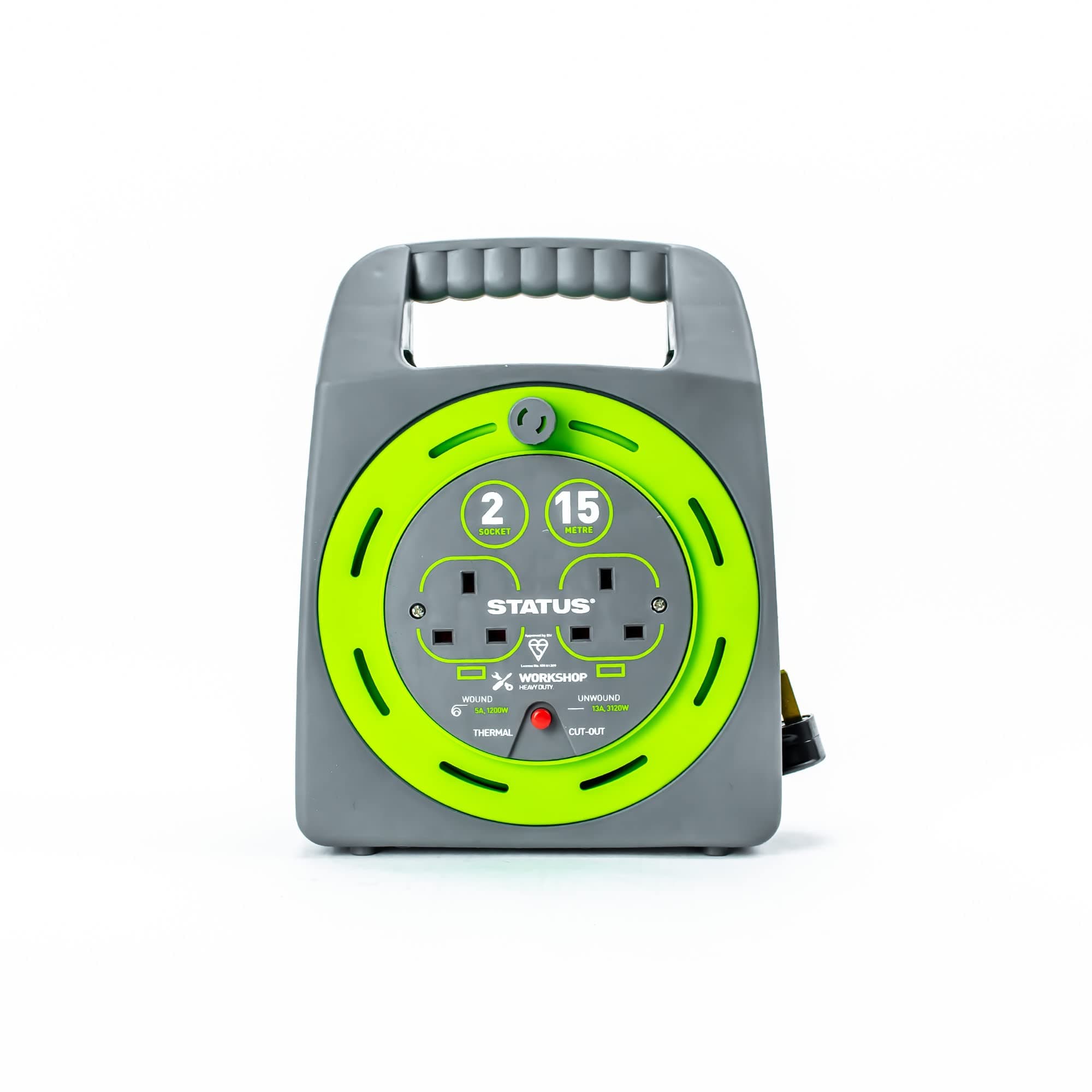 STATUS 2 Socket Cable Reel | 15m Green Extension Lead | 13A with Thermal Cut Out | Heavy Duty Outdoor Extension Lead | S15M2SHBCR1PK2