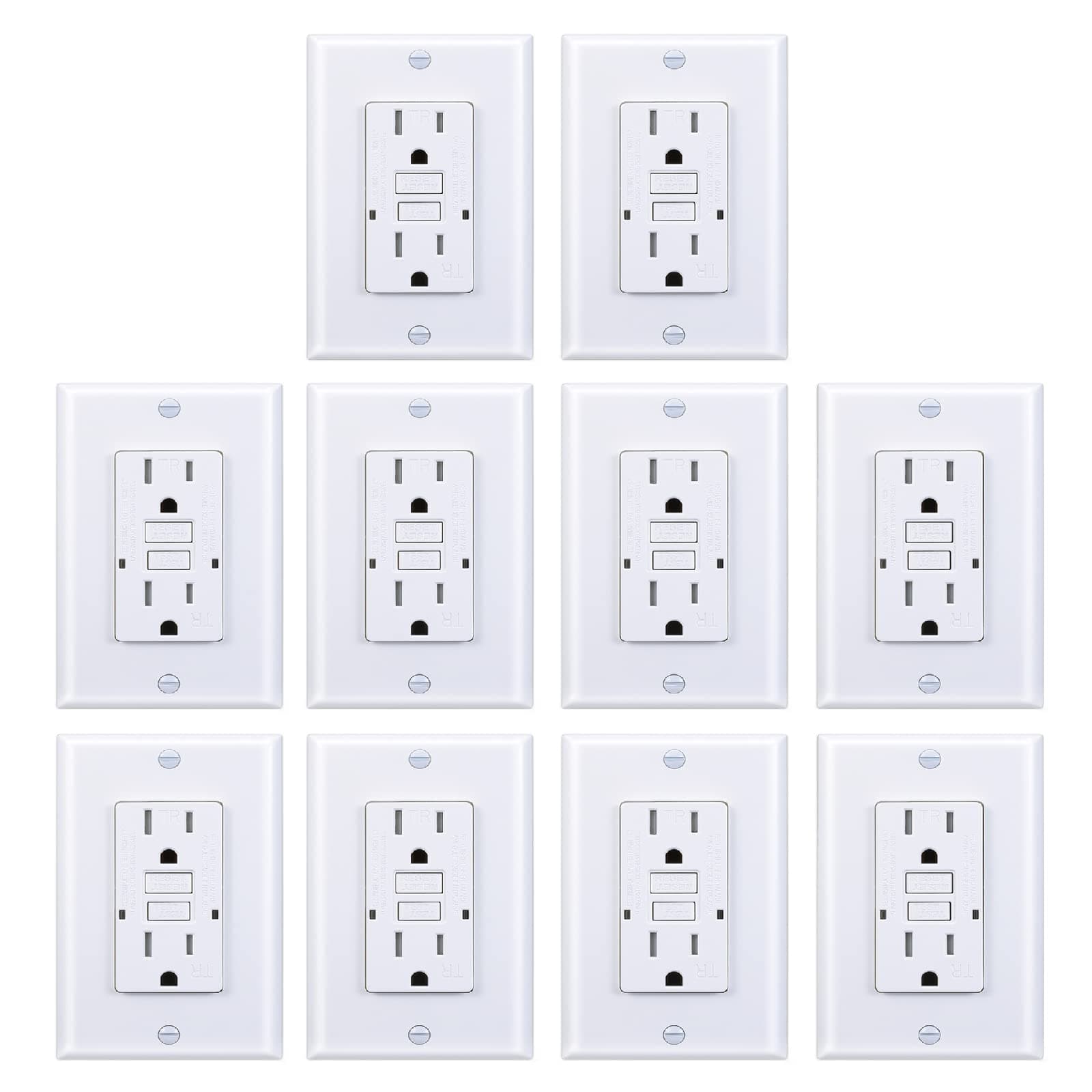 - GFCI Outlet, Tamper-Resistant GFI Receptacle with LED Indicator, Self-Test Ground Fault Circuit Interrupter, Decorator Wall Plates and Screws Included, UL Listed, White (White, 15A 10 Pack)