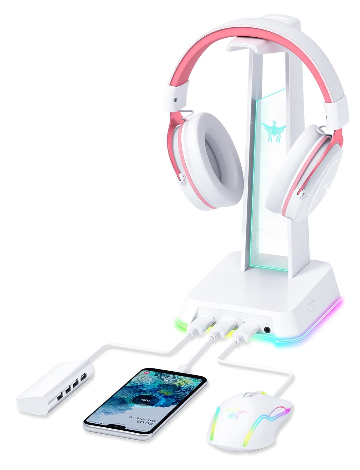 RGB Headphone Stand with 3.5mm AUX and 3 Port USB 2.0 Hub, Universal Gaming Headset Hanger Holder for Computer Gaming Gamer Accessories (White)