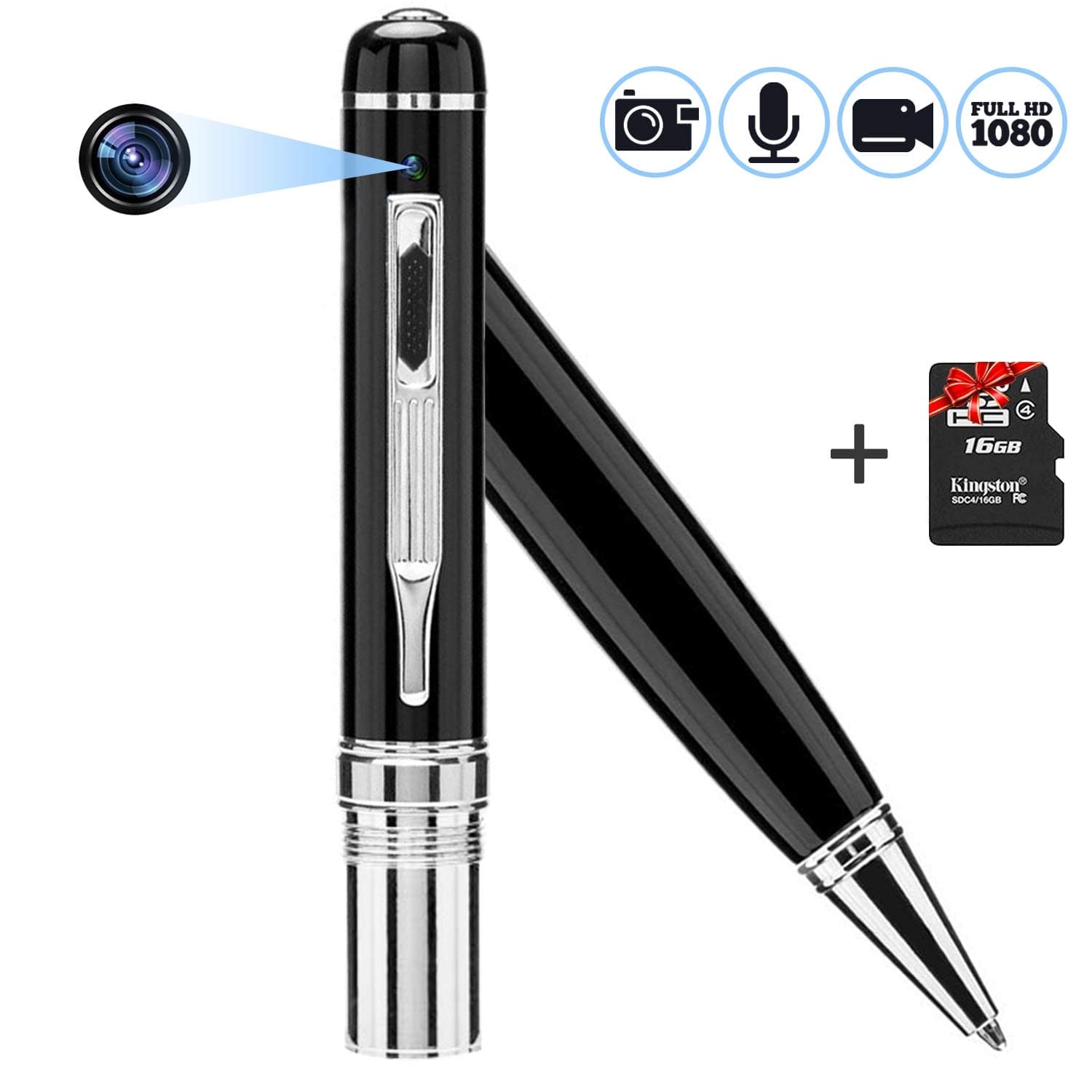 Camera Pen 1080p HD, HD Surveillance Camera Mini Device Support for Audio Video Photo Mode Easy Operation + Bundle Gift 16GB SD Micro Card