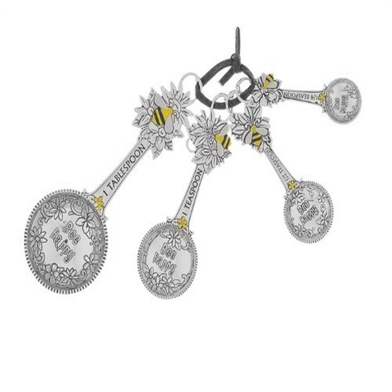 4-Piece Set Bee Happy Honeybee Antique Silver Tone Zinc Alloy Measuring Spoons