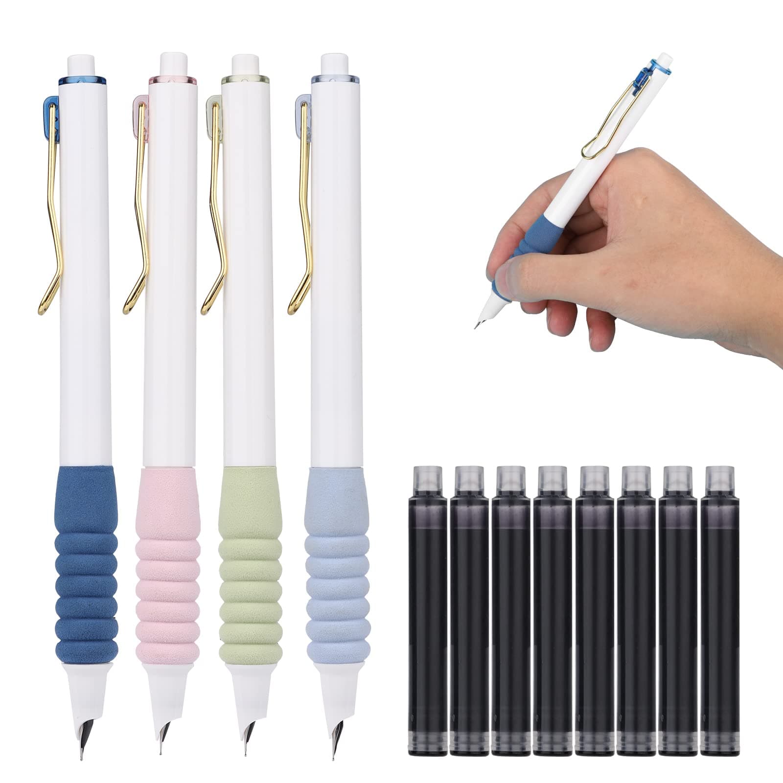 TOYMIS 4pcs Retractable Fountain Pens with 10pcs Ink sacs, Practical Refillable Fountain Pens Anti-Skidding Inkless Writing Pen for Family School Office Writing