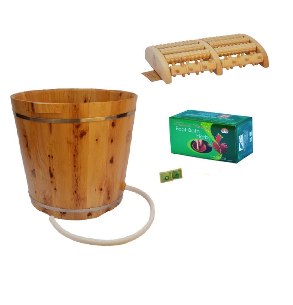TCM Head-To-Toe Set- 3 Items: Tall Cedar Wood Foot Soak Tub w/ Drainage Hole & Tube, 1 Box Foot Soak Herbs, 5-Roll Wooden Massage Roller, 2 FREE bags Mugwort & Bath Herbs samples $8 Value