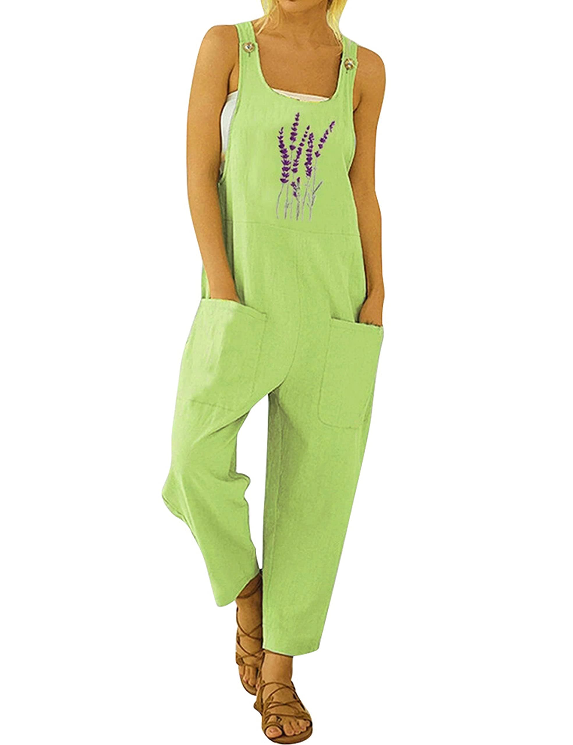 Gihuo Women's Cotton Linen Overall Flower Print Loose Fit Bib Overall Jumpsuit