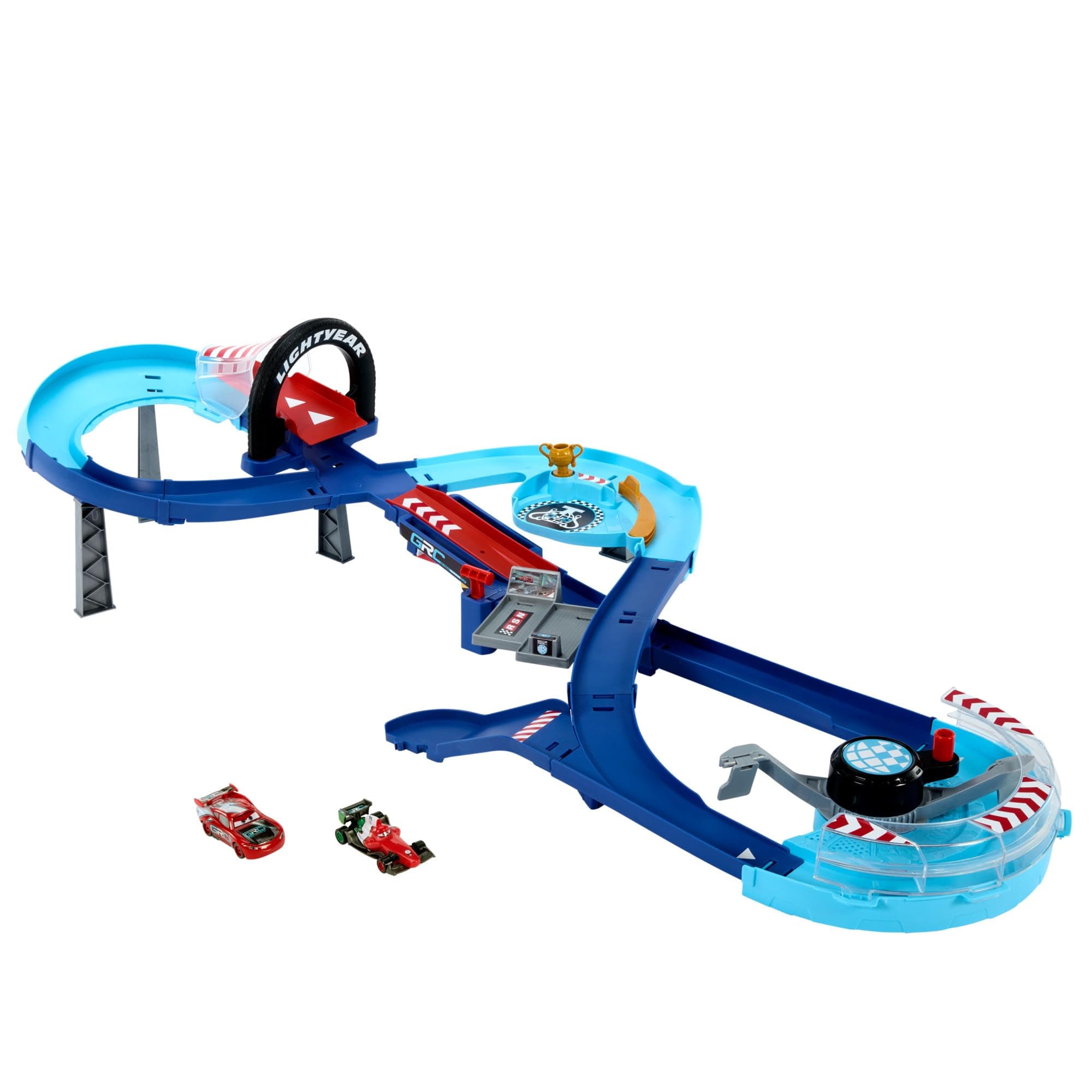Disney and Pixar Cars Playset with 2 Toy Cars, Lightning McQueen & Francesco Bernoulli, GRC Jumping Raceway Track Set with Kid-Powered Booster, HXJ32
