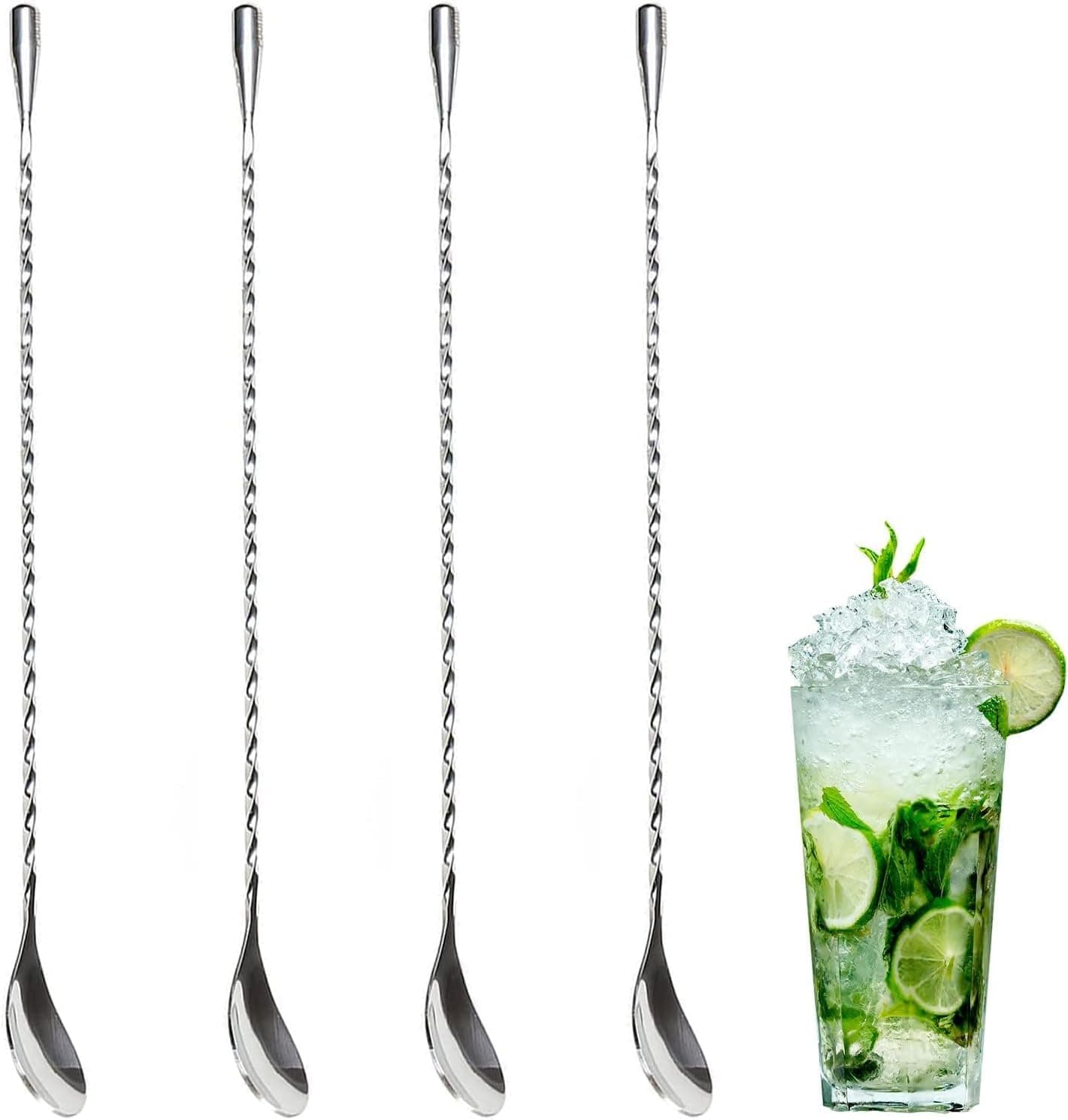 4 Pcs Bar Spoon Cocktail Mixing Spoon – 12'' Long Stainless Steel Cocktail Stirrers with Polished Surface, Easy to Clean – Great for Professional and Home Use, Practical Gift for Drink Mixing Lovers