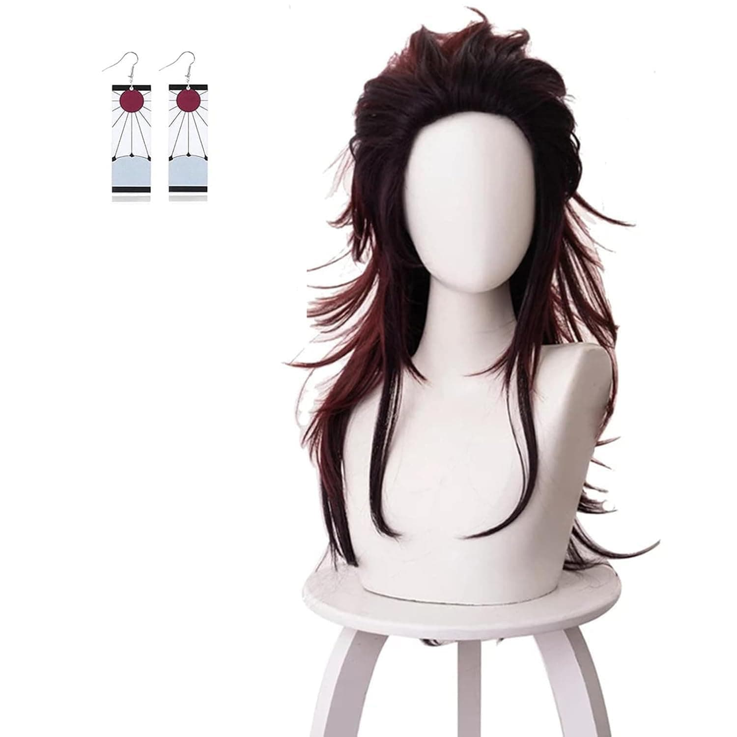 Adecors Demon Slayer Tanjiro Cosplay Wig Female Long Kimetsu No Yaiba Wig with Earrings Markings for Anime Cosplay, rose