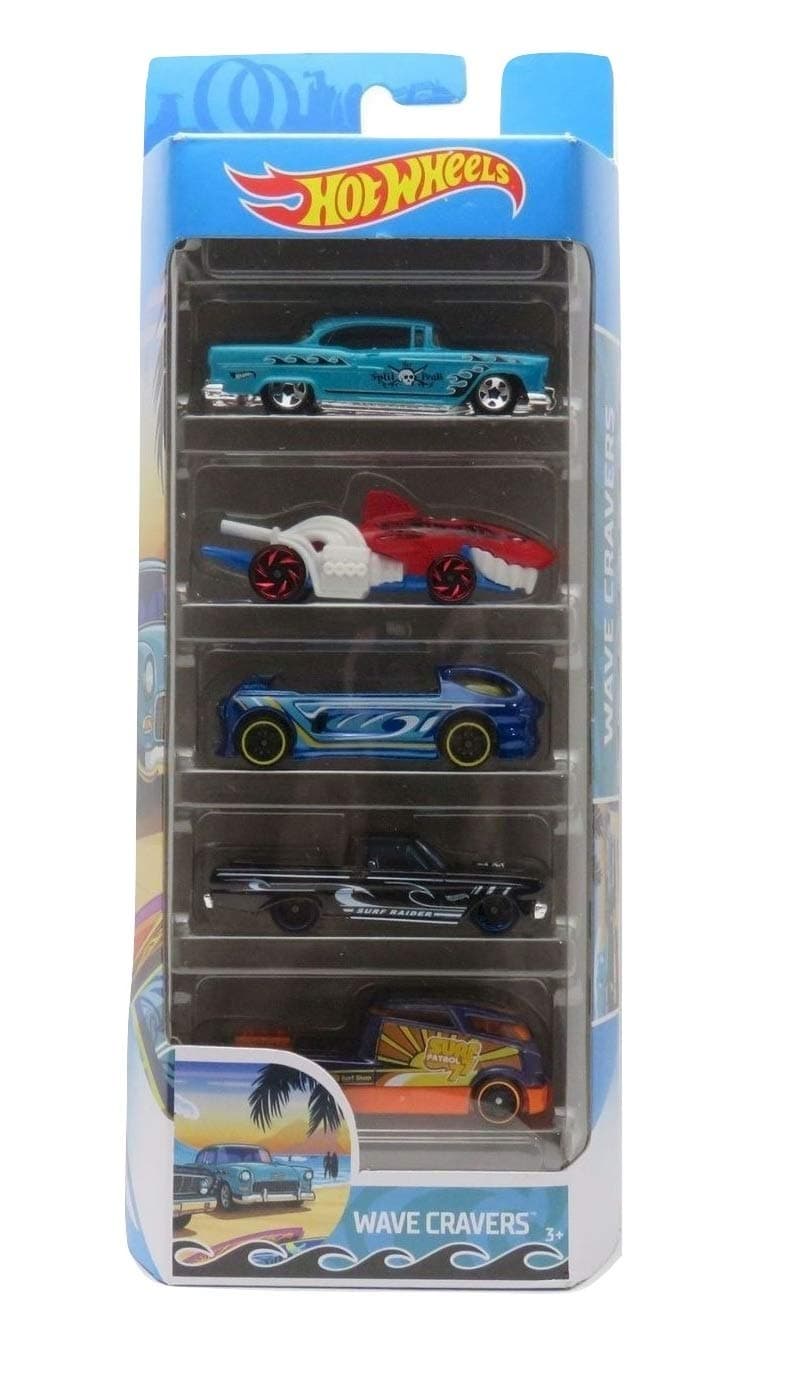 Mattel Hot Wheels 2019 HW Wave Cravers (1955 Chevy, Sharkruiser, Deora II, 1965 Ford Ranchero, Qombee), Pack of 5, Multicolor