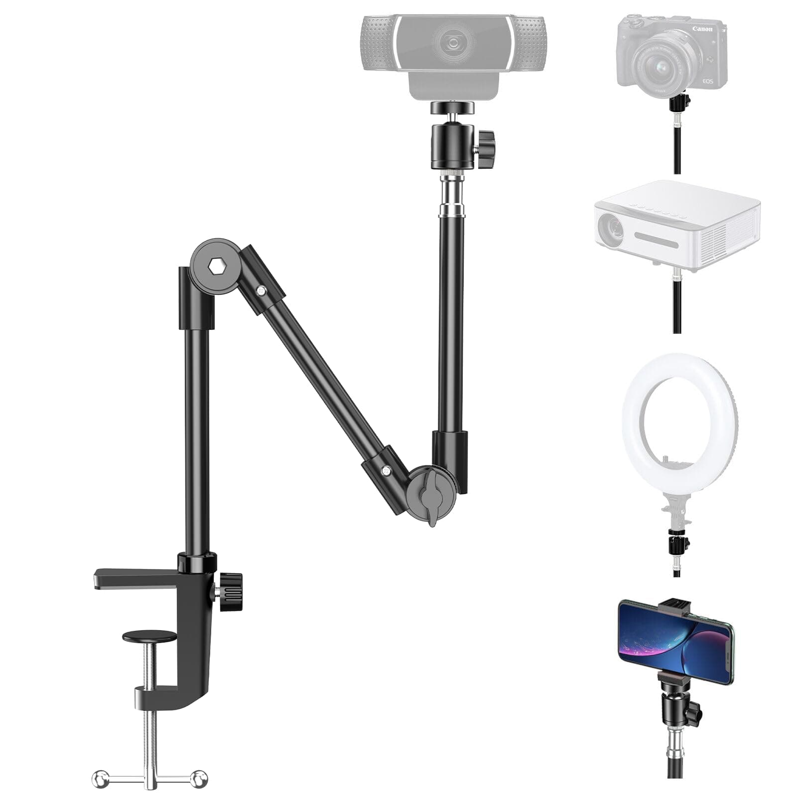 KDD Webcam Stand Camera Mount with Phone Holder, 21.7 Inch Foldable Flexible Gooseneck Cell Phone Clamp & Table Projector Mount, for Logitech C922 C930e C920S C920 C615 C960 Brio 4K, Gopro Hero 8 7