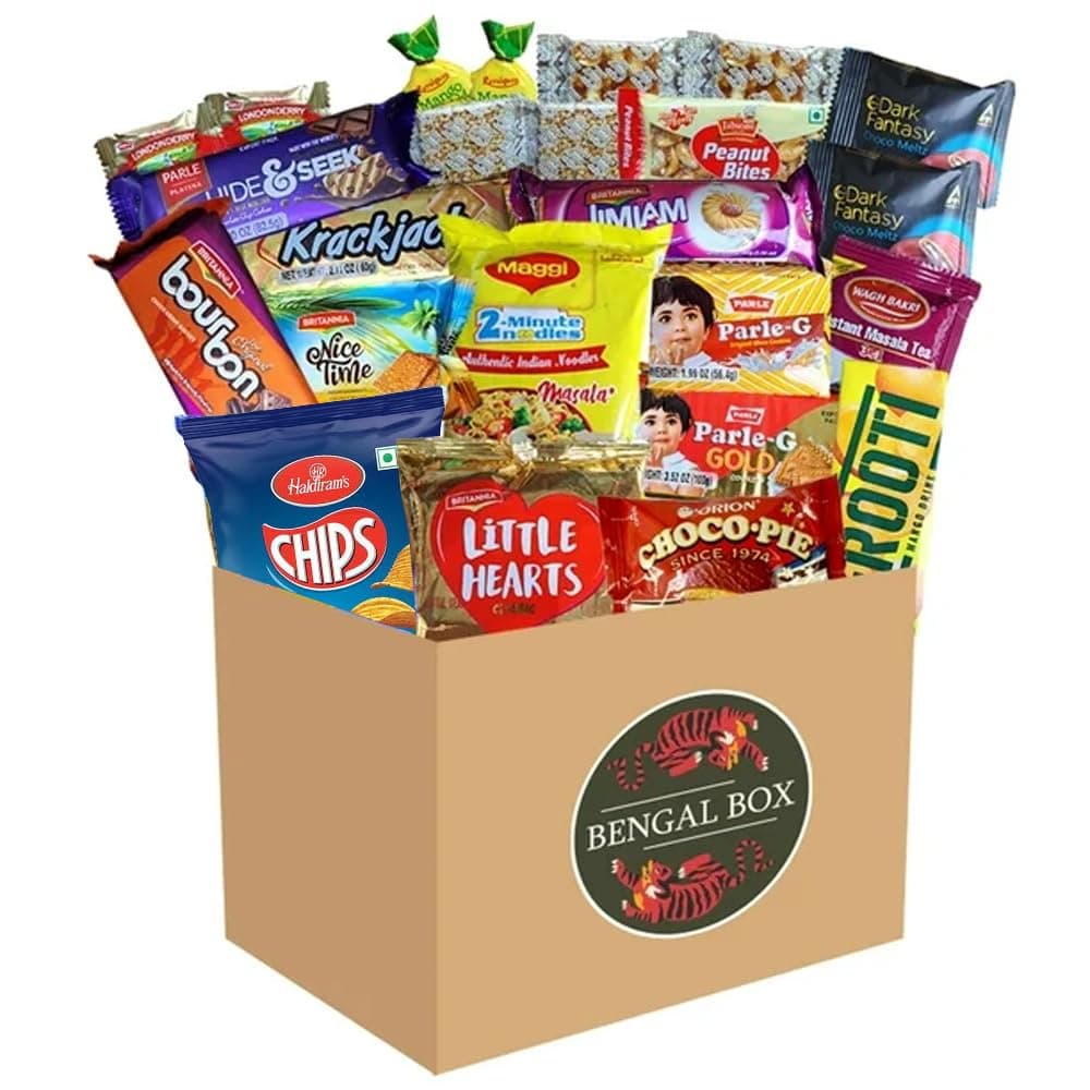 BENGAL BOX Indian Snack Box Assortment 24 Piece, Individually Packaged Top Brand Named Snacks Essential Sample Pack of Chips Pie Cookie Candy