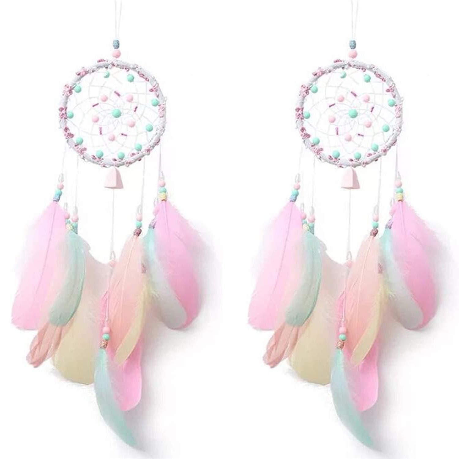 2 Pack Dream Catcher Handmade Exquisite Pink Colorful Feather Beaded Dream Catcher for Kids Cars Bedroom - Indians Traditional Art Wall Hanging Home Decoration