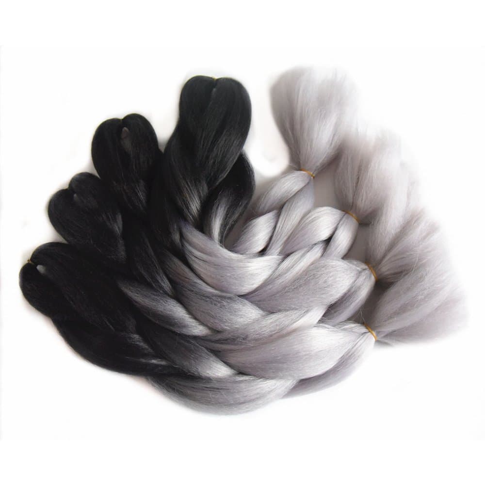 3 pack Jumbo Crochet Braids Black Light Grey Color 24 inch Ombre Kanekalon Braiding Hair Hair Bundles Synthetic Hair Extensions for Black Woman