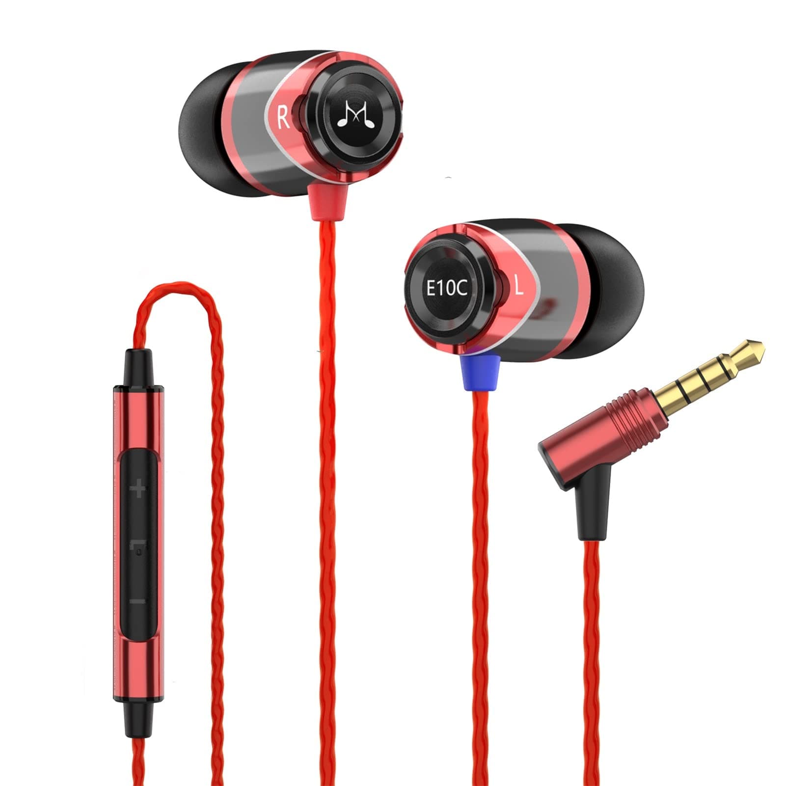 E10C Wired Earbuds with Microphone HiFi Stereo Earphones Noise Isolating in Ear Headphones Powerful Bass Tangle Free Cord Black Red