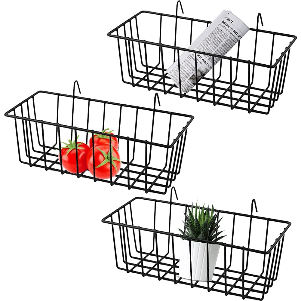 Gddochn 3 Pack Grid Panel Hanging Wire Basket, Storage and Display Basket for Wall, Kitchen, Home Decor Supplies, Potted Plants, Black