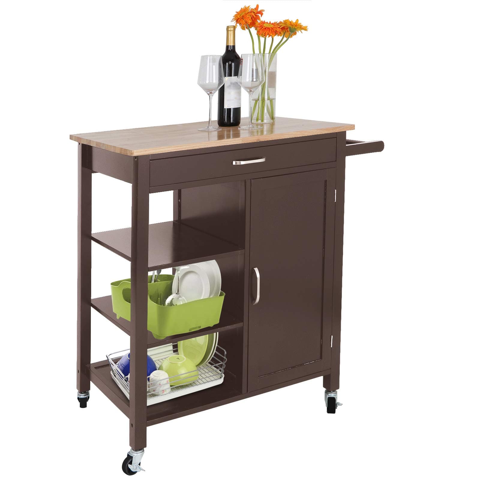 BBBuy Kitchen Island Cart Trolley Handle Wheel w/Wooden Top Drawer,Shelves,Cabinet for Storage