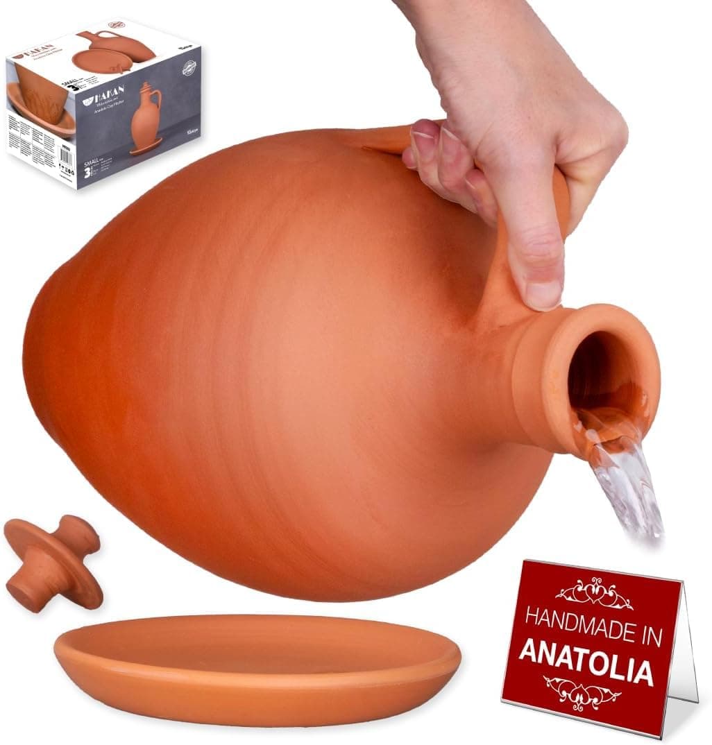 Anadolu Natural Clay Water Pitcher Set | Unglazed Terracotta Water Carafe & Plate | Traditional Small Mud Jug | Pottery Jar for Drinking Water (Large - 106 oz)