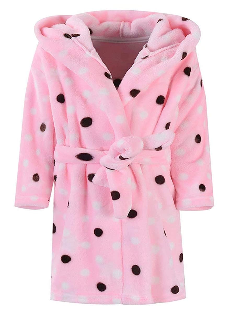 Ameyda Cosplay Costumes Womens Polka Dots Printed Flannel Hoodie Robe Fleece Bathrobe with Hood, Pink Dots, US Small/Medium = Tag S/M