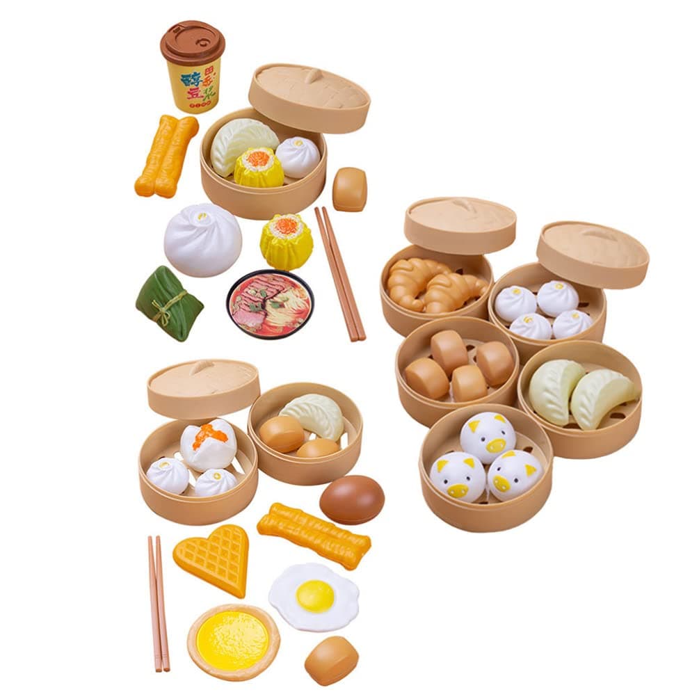 51pcs Pretend Play Toy Dim Sum Set Steamer Buns Chinese Breakfast Toy Fake Cake Toys Kitchen Toys for Kids Cooking Dish Asia Tea Time Christmas Birthday