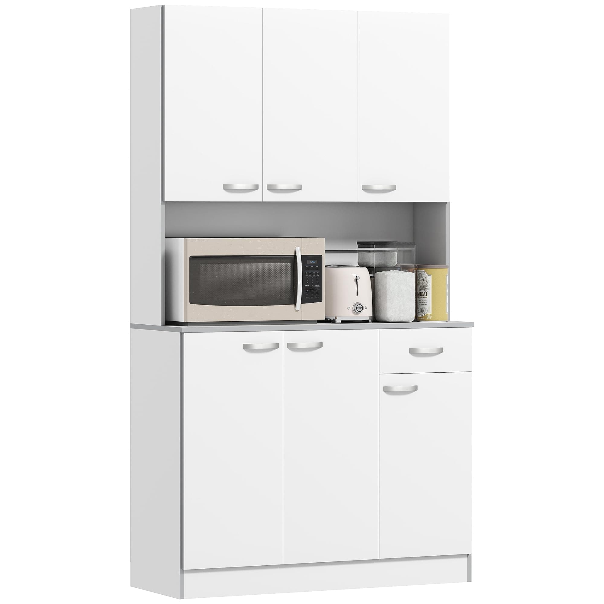 HOMCOM 71" Kitchen Pantry Cabinet, Tall Storage Cabinet with Microwave Stand, Buffet with Hutch, 6 Doors, Storage Drawer, 3 Adjustable Shelves for Living Room, Dining Room, White