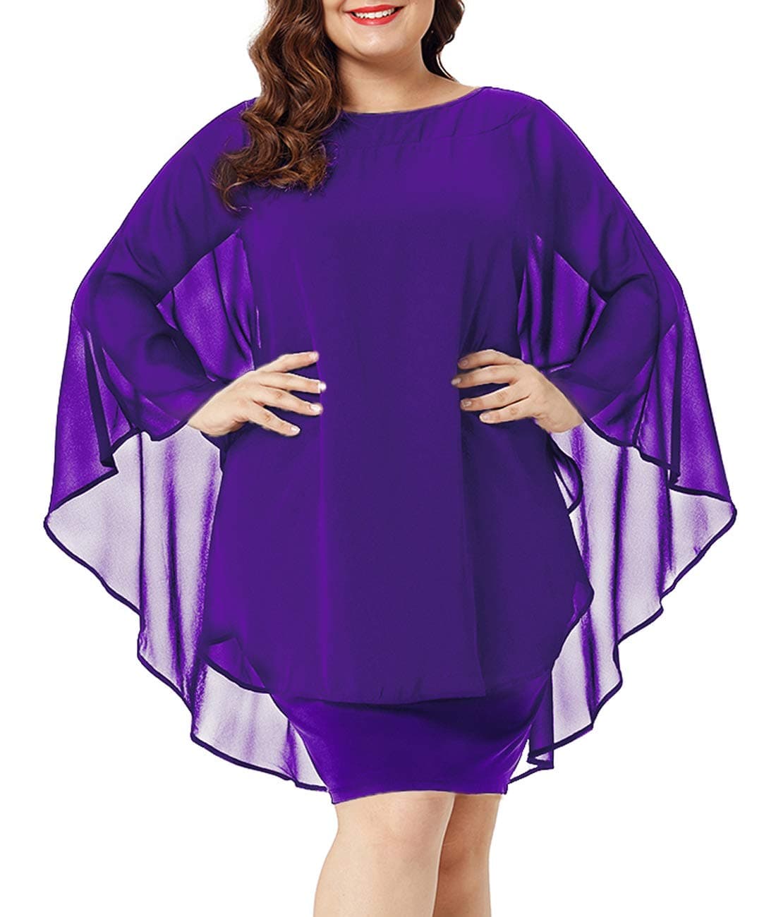 Urchics Womens Casual Chiffon Overlay Plus Size Cocktail Party Knee Length Dress Purple XXXL
