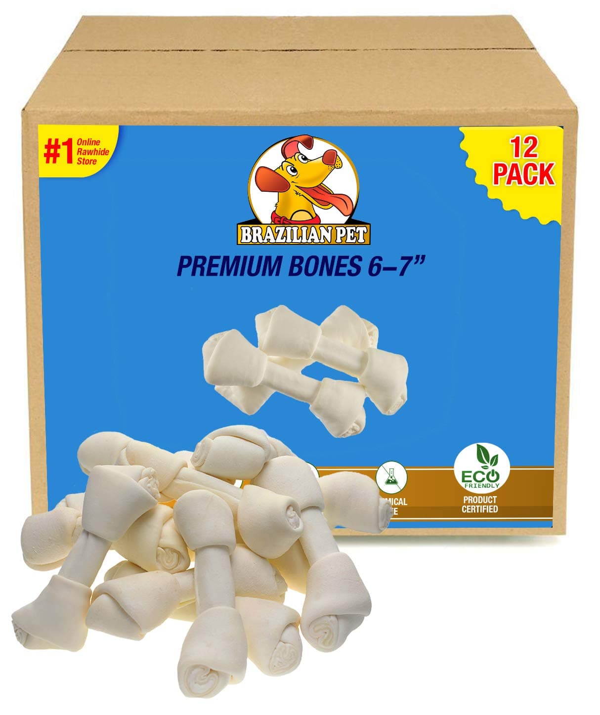 Brazilian Pet Rawhide Bones 6-7 Inches, Premium Quality Dog Bones, 100% Natural, Beef Hides Chews (12 Pack)