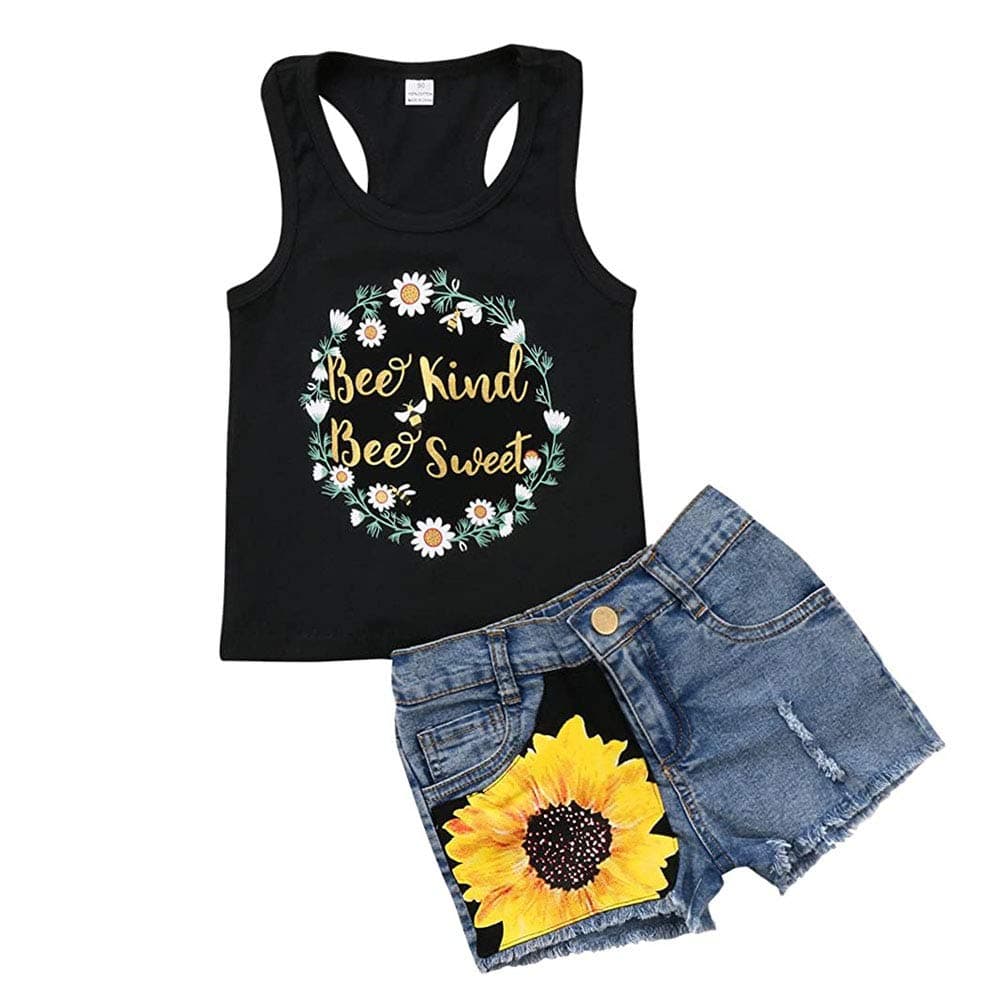 Fashion 2Pcs Toddler Kids Baby Girl Sunflower Outfits Sleeveless Tank Top+Denim Shorts Summer Clothes