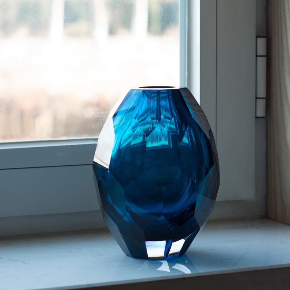 Casamotion Home Decor Accent Vase Diamond Shape Solid Color Hand Blown Art Glass Vase - Blue