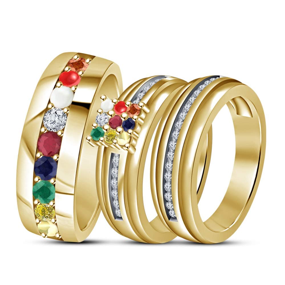 Dividiamonds 925 Sterling Silver 14k Yellow Gold Over His & Her Gemstone Navratna Trio Ring Set Wedding