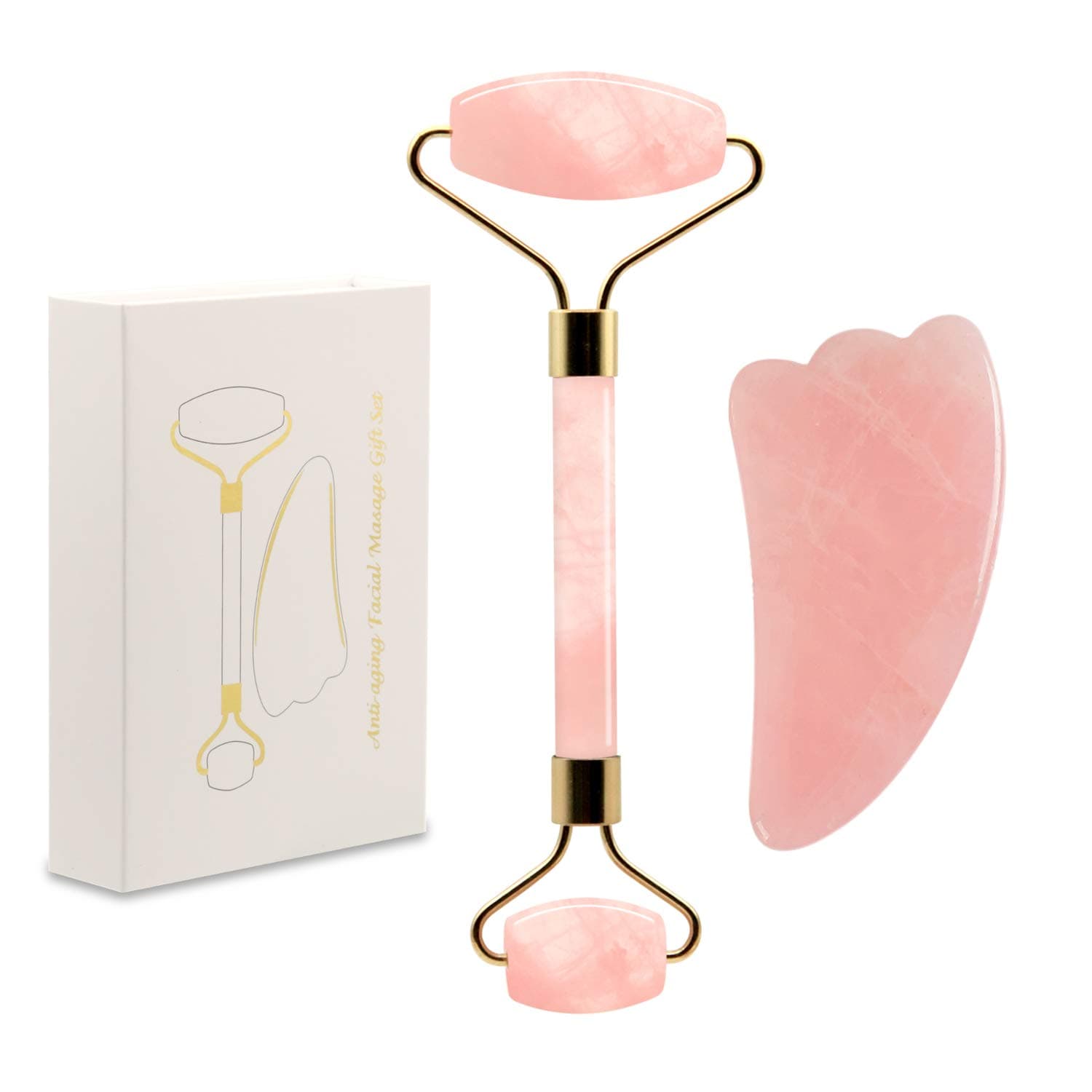 Jade Roller and W Gua Sha Scraping Facial Tools Set,Rose Quartz Facial Roller,100% Real Jade Stone, Natural Anti-Aging Facial Massage Kit,Treat Eye Bags Anti-Aging Dermal Massage Beauty Tools …