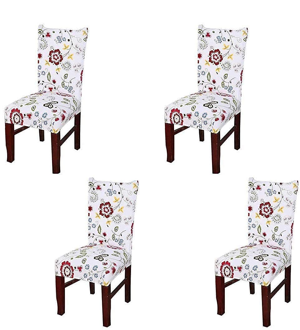 House of Quirk Elastic Chair Cover Stretch Removable Washable Short Dining Chair Cover Protector Seat Slipcover - White Red Flower (Pack of 4)