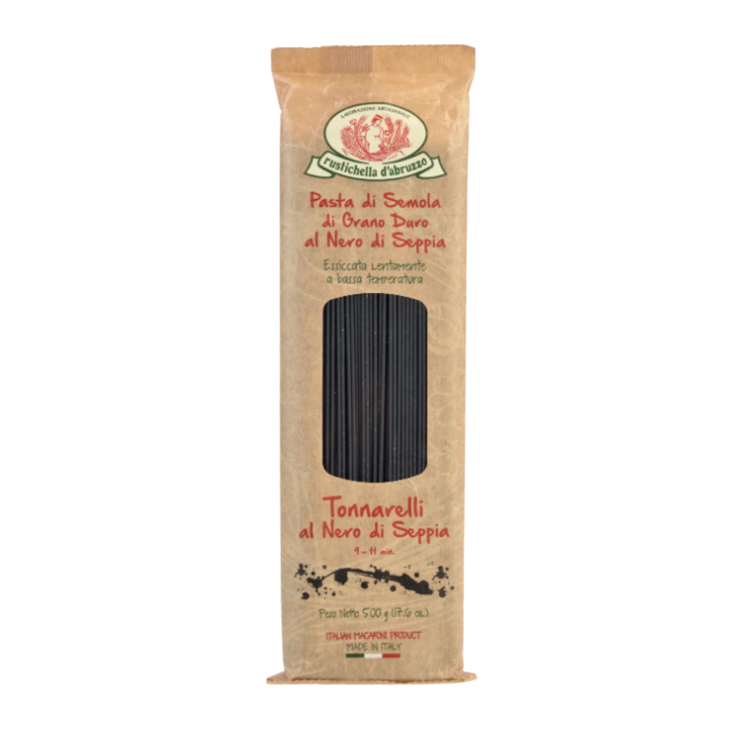 Tonnarelli with Squid Ink, Long Italian Pasta with Cuttlefish, Ideal for Shellfish, Spicy Fish Sauce & Olive Oil Dishes, Authentic Flavored from Abruzzo Italy, 500g